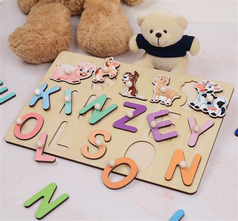Custom Wooden Name Puzzle With Pegs And Animals Personalized Etsy