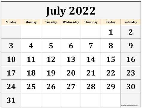 Free July 2022 Calendar With Holidays Printable Free Printable July