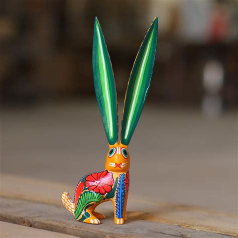 Hand Painted Wood Alebrije Rabbit Sculpture From Mexico Big Eared