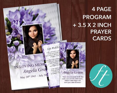 4 Page Purple Bouquet Funeral Program Template Prayer Card Funeral