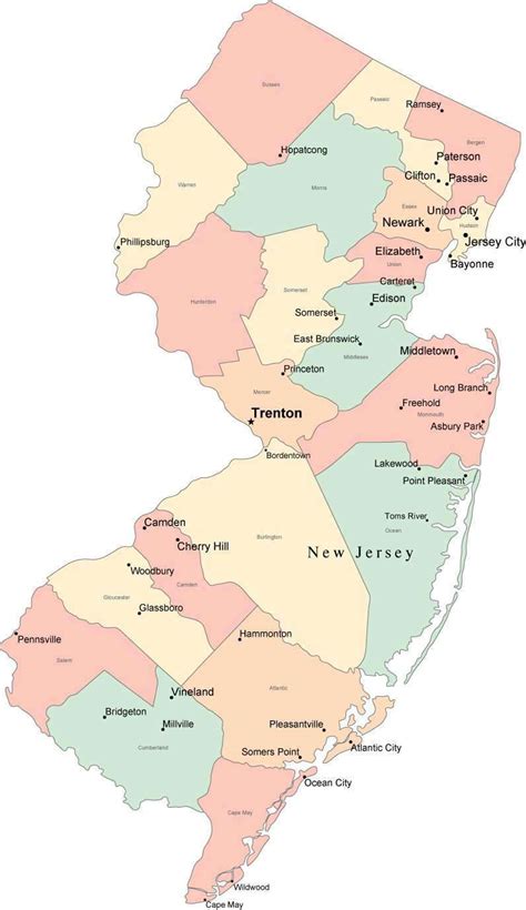 Multi Color New Jersey Map With Counties Capitals And Major Cities