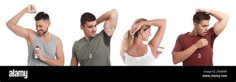 Collage With Photos Of People Applying Deodorants To Armpits And With