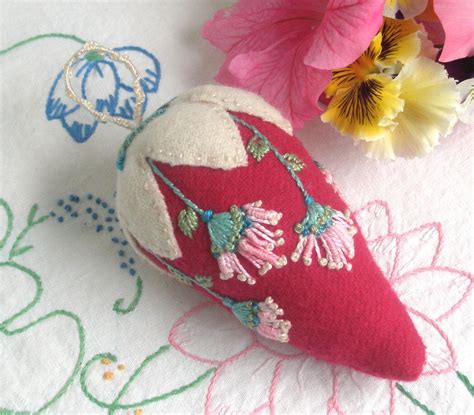 The Big Strawberry Pincushion With Emery Hand Embroidered Pin