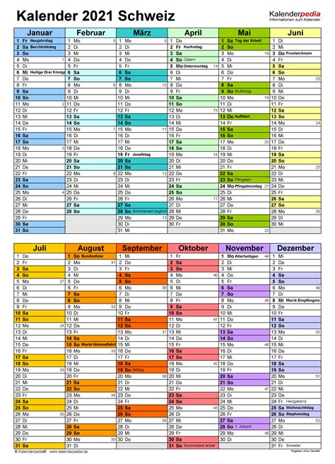 Ein pack mit insgesamt 19 verschiedenen excel kalender 2021 kostenlos zum download. Kalender 2021 Schweiz zum Ausdrucken als PDF