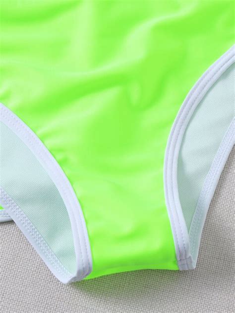 Shein 3pack Neon Lime Contrast Binding Halter Bikini Swimsuit Pink Shop