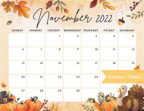 Editable November 2022 Calendar Thanksgiving Day Printable Etsy Singapore