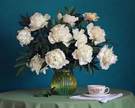 Premium Photo Still Life With A Bouquet Of Peonies And Cup