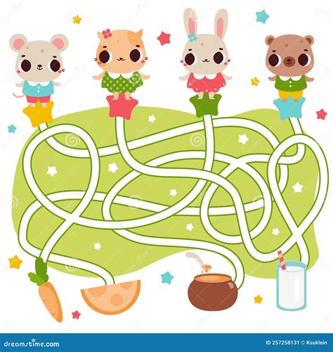 Maze Puzzle Help Animals Find Food Labyrinth Activity For Toddlers