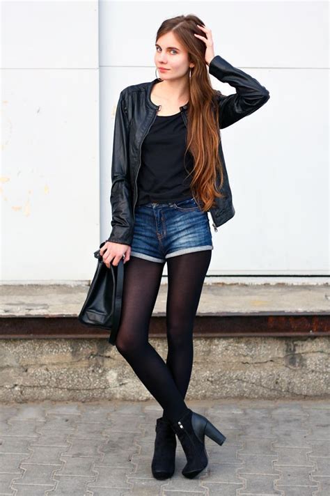 Dark Denim Shorts And Tights Dresses With Stocking Black Pantyhose Leather Jacket Outfit