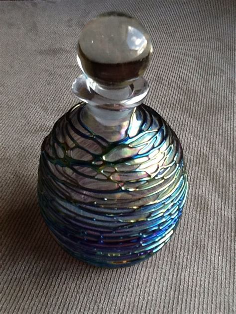 Vintage Iridescent Art Glass Perfume Bottle With Threaded Vein