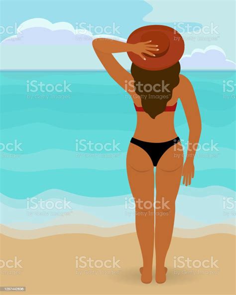 Denizin Arka Planında Plaj Şapkalı Kadın Bir Kadının Parlak Vektör Illüstrasyonu Deniz Kenarında