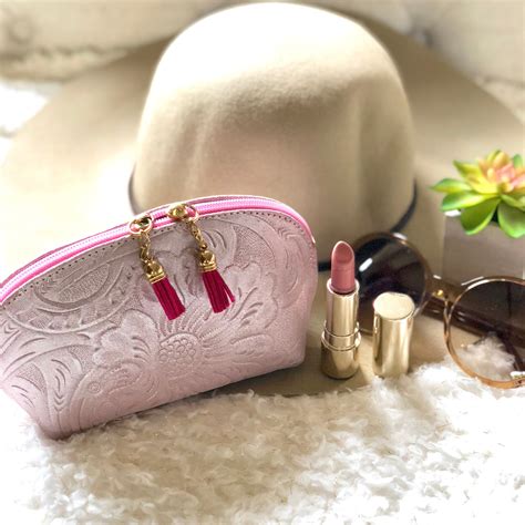 pink tooled leather makeup bag t for hermakeup leather etsy leather makeup bag leather