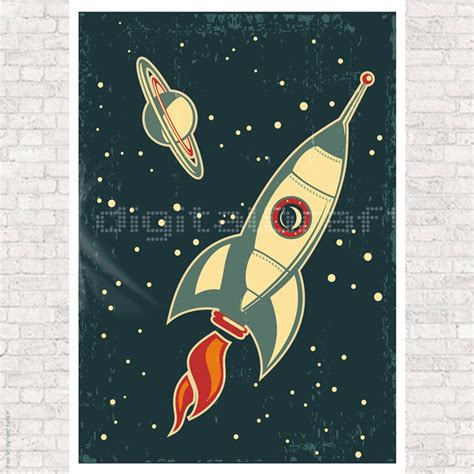 Vintage Rocket Illustration Poster Nursery Decor Art To Etsy