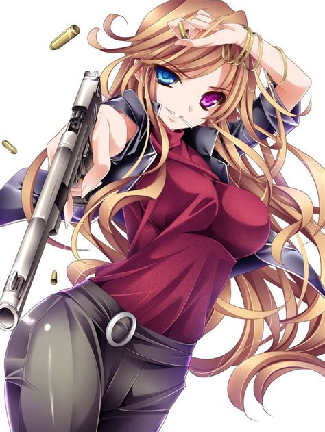 Anime Girl Assassin 1girl Blue Eyes Breasts Brown Hair Desert Eagle Gun Handgun Heterochromia