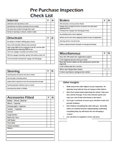 Free Vehicle Pre Purchase Inspection Checklist Samples In Pdf Doc