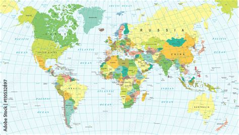 Colored World Map Borders Countries And Cities Illustration Highly