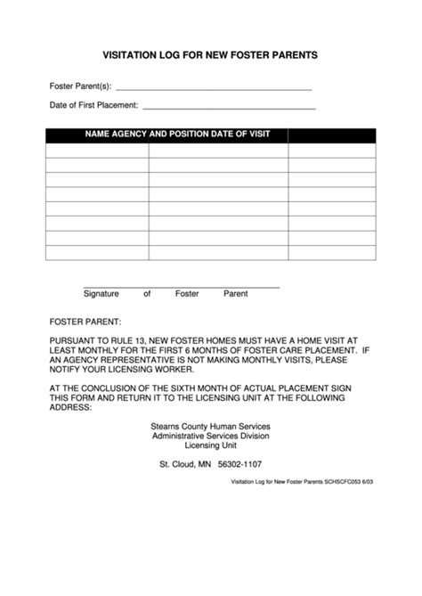 Visitation Log For New Foster Parents Template Printable
