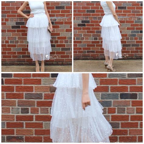 Crystal White Polka Dot Tiered Tulle Skirt Maxi Tea Length Skirt