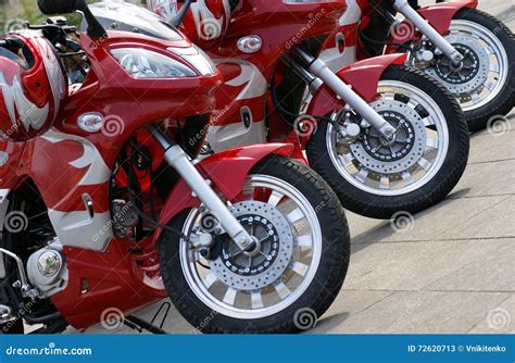 Three Red Motorcycles Stock Image Image Of Lined Motorbike 72620713