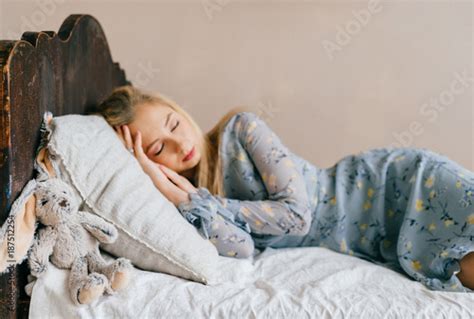 Young Beautiful Blonde Teen Sleeping On Vintage Wooden Bed Cute Lovely