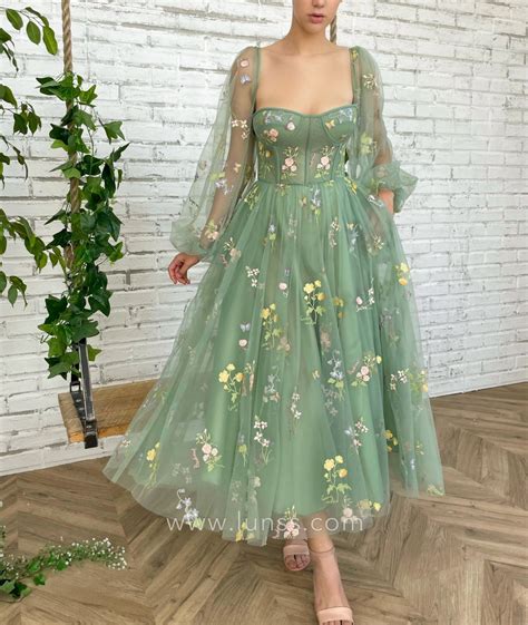 Fairytale Floral Green Tulle Long Sleeve Party Dress Lunss