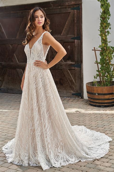 T Romantic Embroidered Lace A Line Wedding Dress With V Neckline