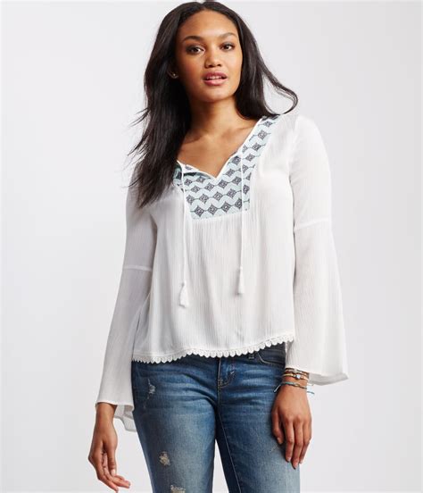 Aéropostale Sheer Embroidered Bell Sleeve Peasant Top In White Lyst