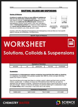 In this solutions, suspensions and colloids worksheet, students use diagrams to show how particles are different in each of these mixtures. Worksheet - Solutions, Colloids and Suspensions by Science ...