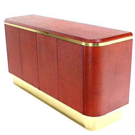 Two doors with shelves behind, two large file drawers. Grass Cloth Brass Credenza or Cabinet or Sideboard Red ...