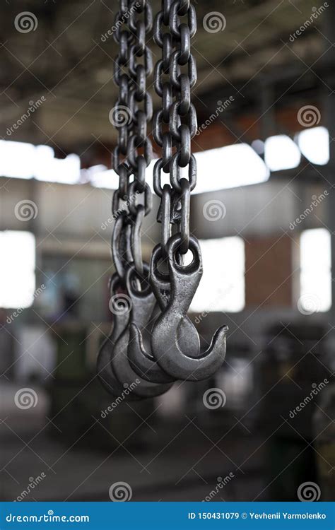 Factory Overhead Crane Black Steel Chain And Hooks Stock Image Image