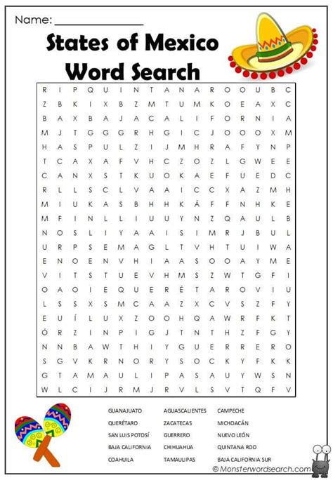 States Of Mexico Word Search Monster Word Search Spanish Learning