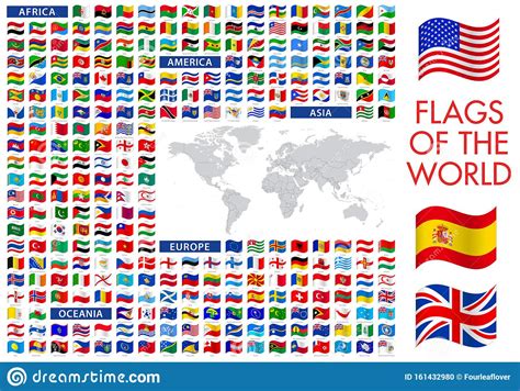 World Flags Vector Icon Illustrations With Detailed World Map