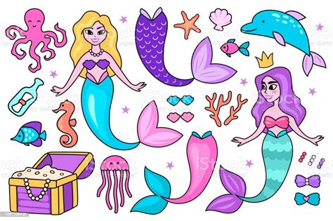 Set Of Cartoon Underwater Characters Mermaid Dolphin Starfish Fish