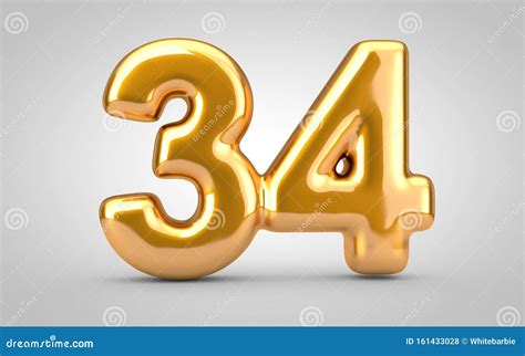 Golden Metallic Balloon Number 34 Isolated On White Background Stock