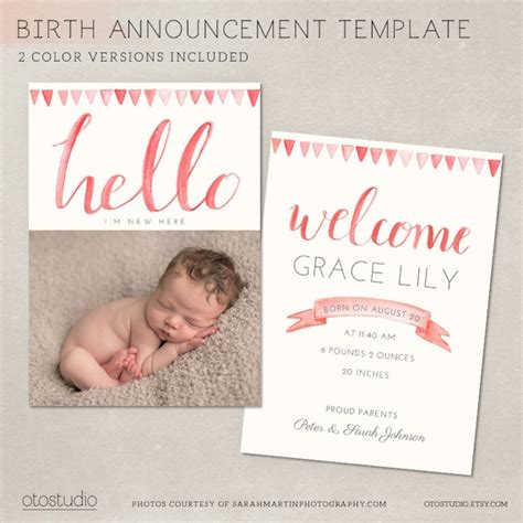 Birth Announcement Template Watercolor Hello Girl And Boy Etsy