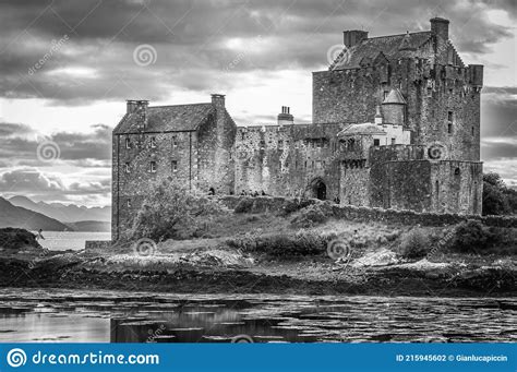 Black And White Panorama Of Eilean Donan Castle Dornie Scotland Stock