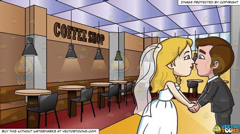 A Couple Kisses Each Other After Getting Married And A Swanky Coffee Shop Getting Married