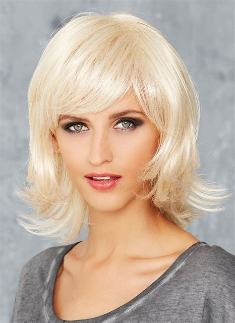 It's versatile and supports all soft, feathered bangs look really well on those with fine hair. Shoulder Length Platinum Blonde Natural Straight Wigs with ...