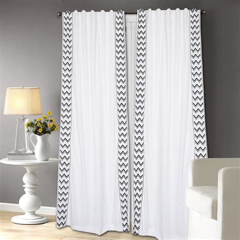 Long Black Embroidery Cotton Curtain Panel White 108 Inch By 52 Inch