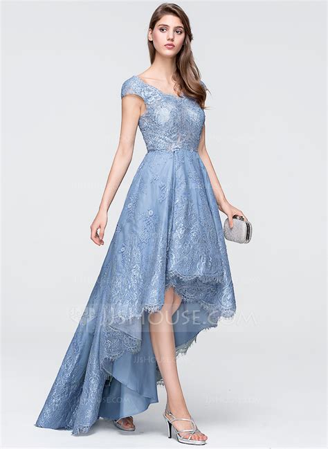 A Line Princess V Neck Asymmetrical Tulle Lace Prom Dresses