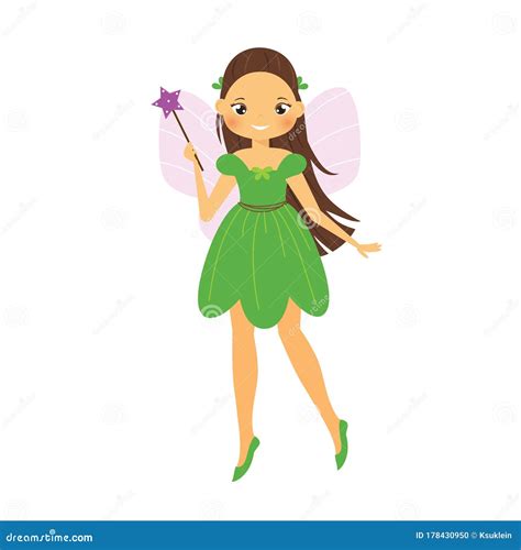 Cute Fairy In Green Dress Cartoon Winged Forest Fairy Princess