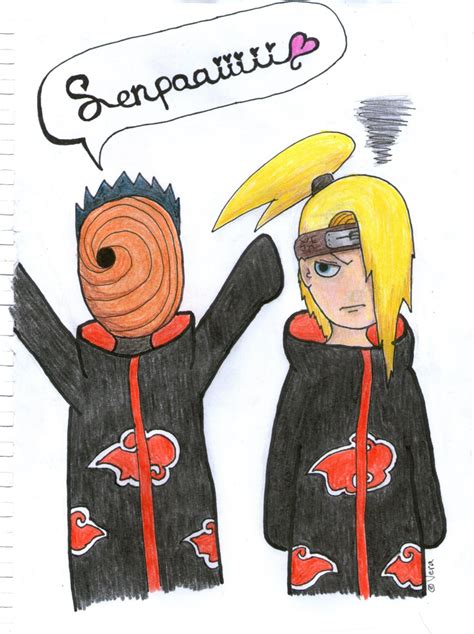 Another deidara fanart~ the coloring originally looked really nice, but then my scanner had to butcher it >_> now you can't even see the grass shading that i spent like an hour on. Tobi and Deidara by Slyte3 on DeviantArt