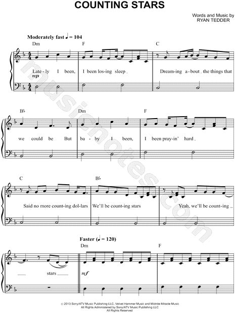 Onerepublic Counting Stars Sheet Music Easy Piano In D Minor