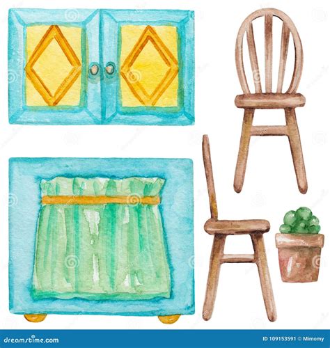 Watercolor Set Of Furniture Stock Illustration Illustration Of
