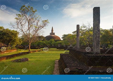 Panorama Of Ancient Ruins In Polonnaruwa With Rankot Vihara Stock Photo