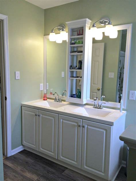 While one sink is typical and essential, two sinks make your home best of all, double vanities fit in all kinds of bathrooms, from traditional to modern and from if you decide to go with a smaller vanity, keep the countertop uncluttered by adding mirrored. Master Bathroom vanity sink mirror update - built in ...