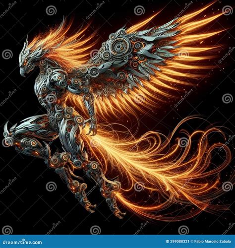 Robot Transforming into a Phoenix with Its Wings of Fire Stock