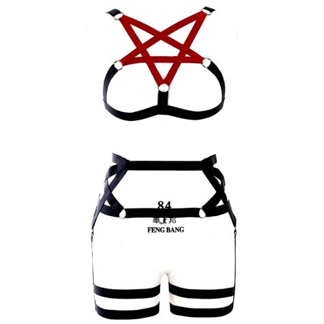 pentagram body harness set top halter bondage lingerie black elastic adjust strap garter belt