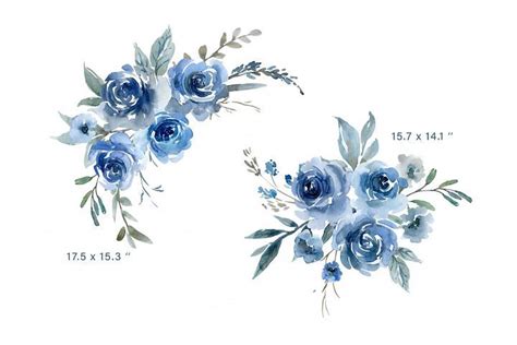Blue Watercolor Flowers Roses Bouquets Frames Wreaths 211844