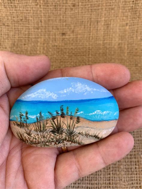 This Hand Painted Beach Rock Has A Sand Dune Beach Scene With Beach